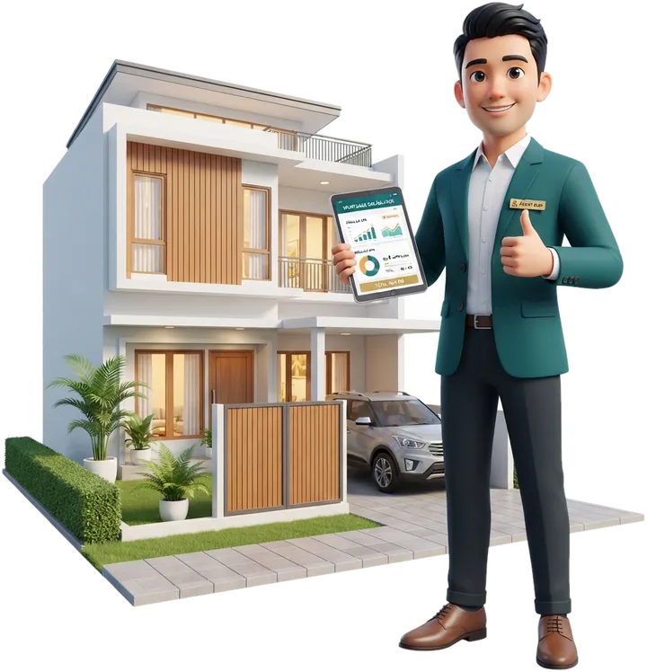 Marketing properti memegang tablet berisi simulasi KPR di depan rumah contoh